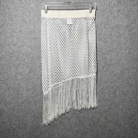 BLU White Fishnet Mesh Fringe Midi Skirt Asymmetrical Hem Large Coastal Festival - Picture 5 of 6